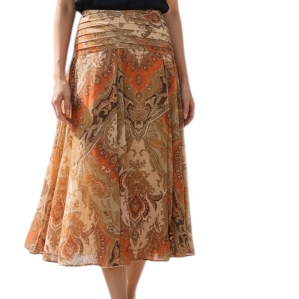 Nygard Collection Orange Brown Paisley Flowy Free Spirit Boho Midi Skirt Size 12